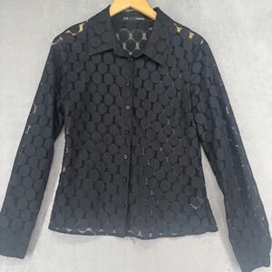 Maurice's Black Lace Circle Cutout Button Down Long Sleeve Blouse Shirt Top‎